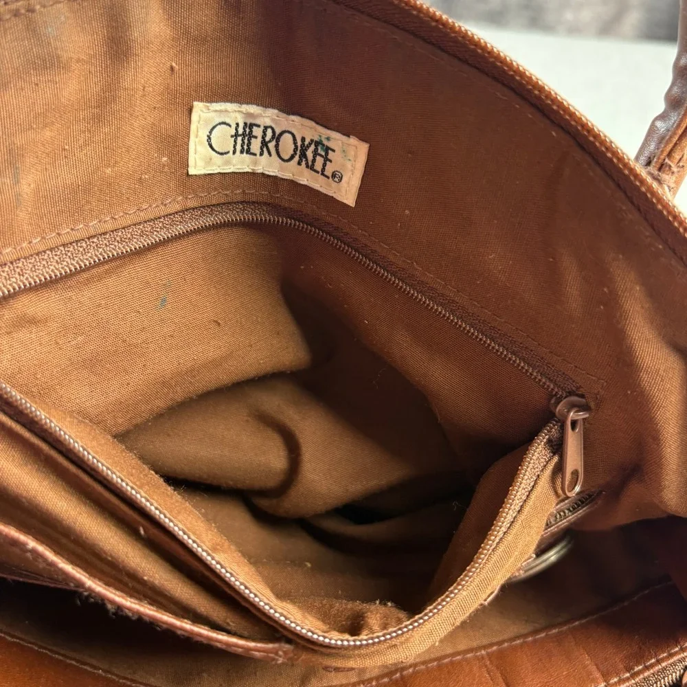 Cherokee Brown Faux Leather Dome Satchel Crossbody Bag with Double Zipper